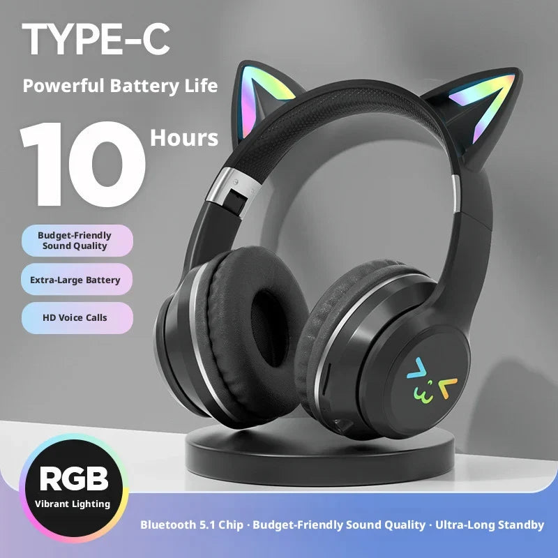 RGB Cat Ear Headphones  5.4 Wireless Gradient Color Gaming Headset with Mic for PC PS5 Switch
