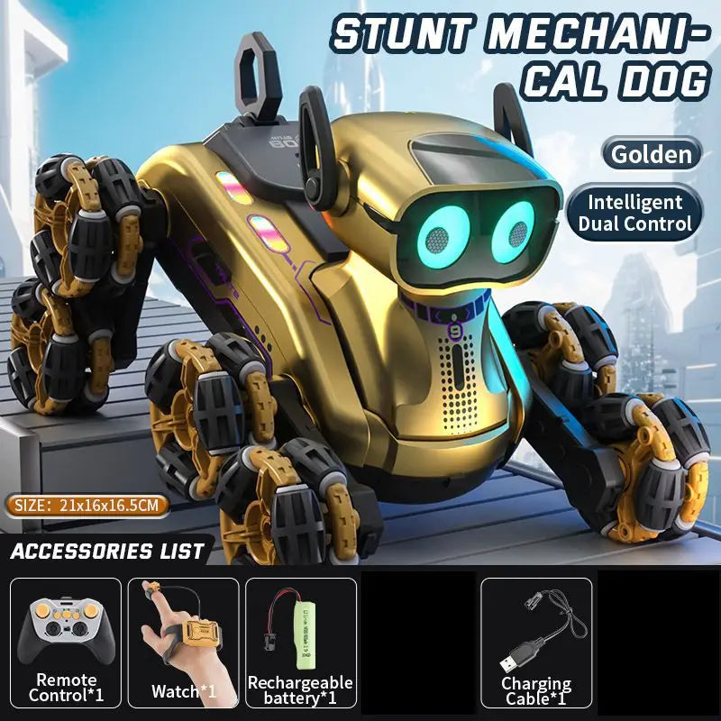 KOUYIKOU RC TOY Eight-Wheel Stunt Robot Dog Remote Control and Remote Control Watch Intelligent Educational Robot Dog for Kids