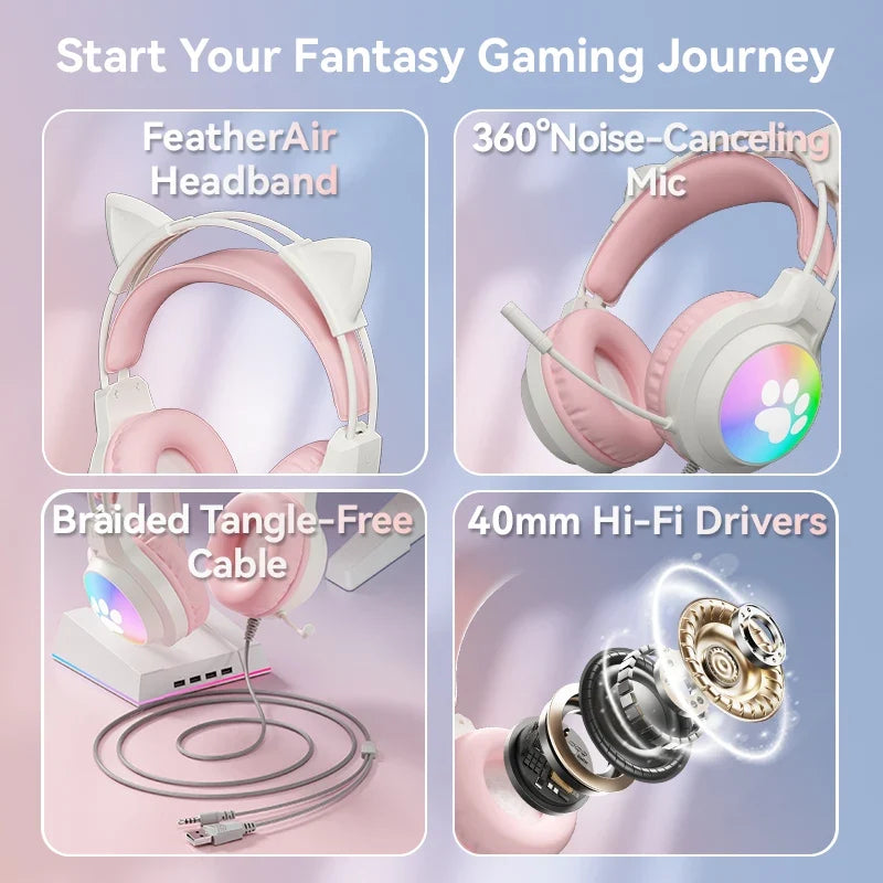 Soyto G50 ODM Gaming Headset for Gamers Cute Cat Ear RGB Wired Headphones for Girls Boys Auriculares AudIfonos Factory Wholesale