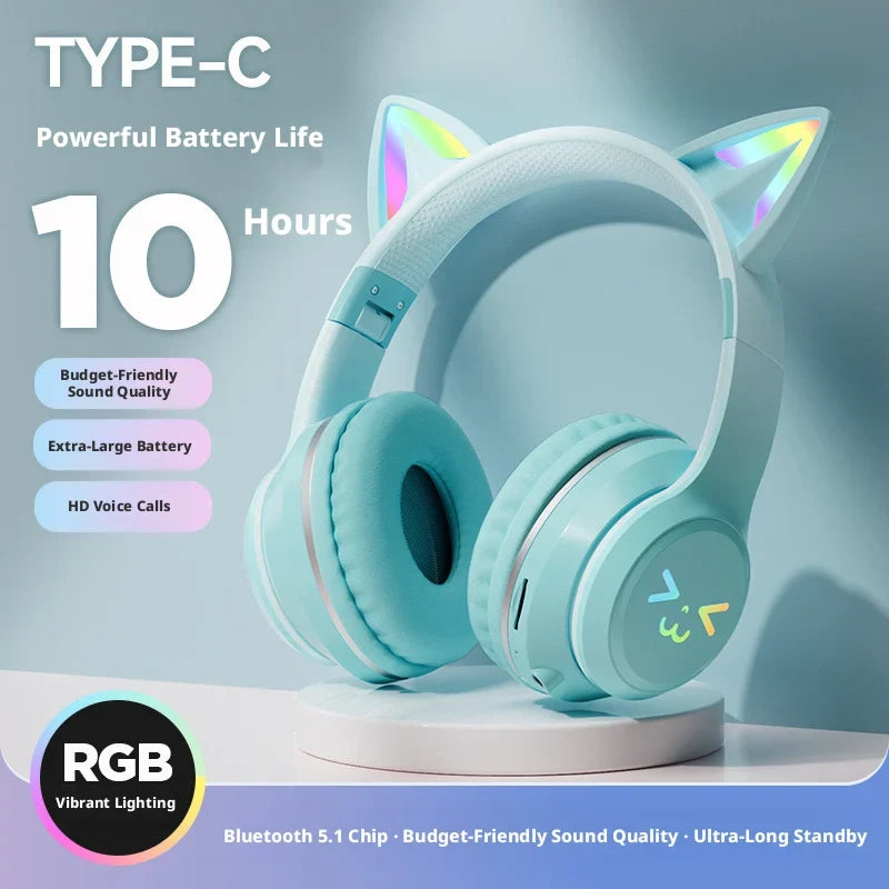 RGB Cat Ear Headphones  5.4 Wireless Gradient Color Gaming Headset with Mic for PC PS5 Switch