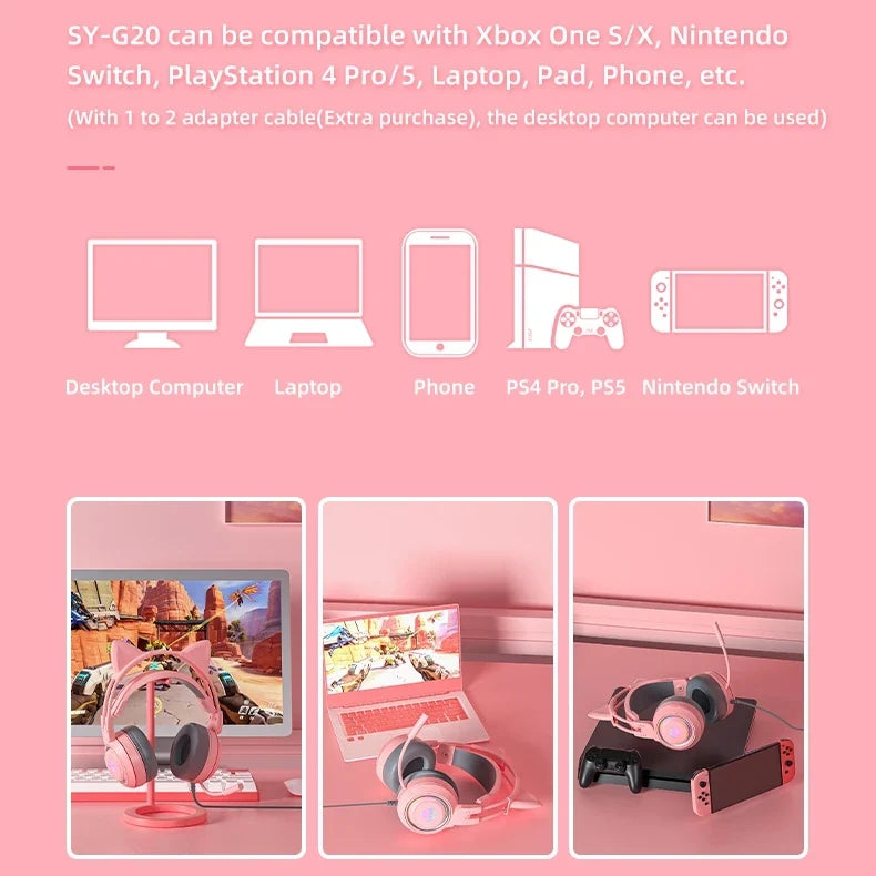 Soyto G25 ODM Gaming Headset for Gamers Cute Cat Ear RGB Wired Headphones for Girls Boys Auriculares AudIfonos Factory Wholesale
