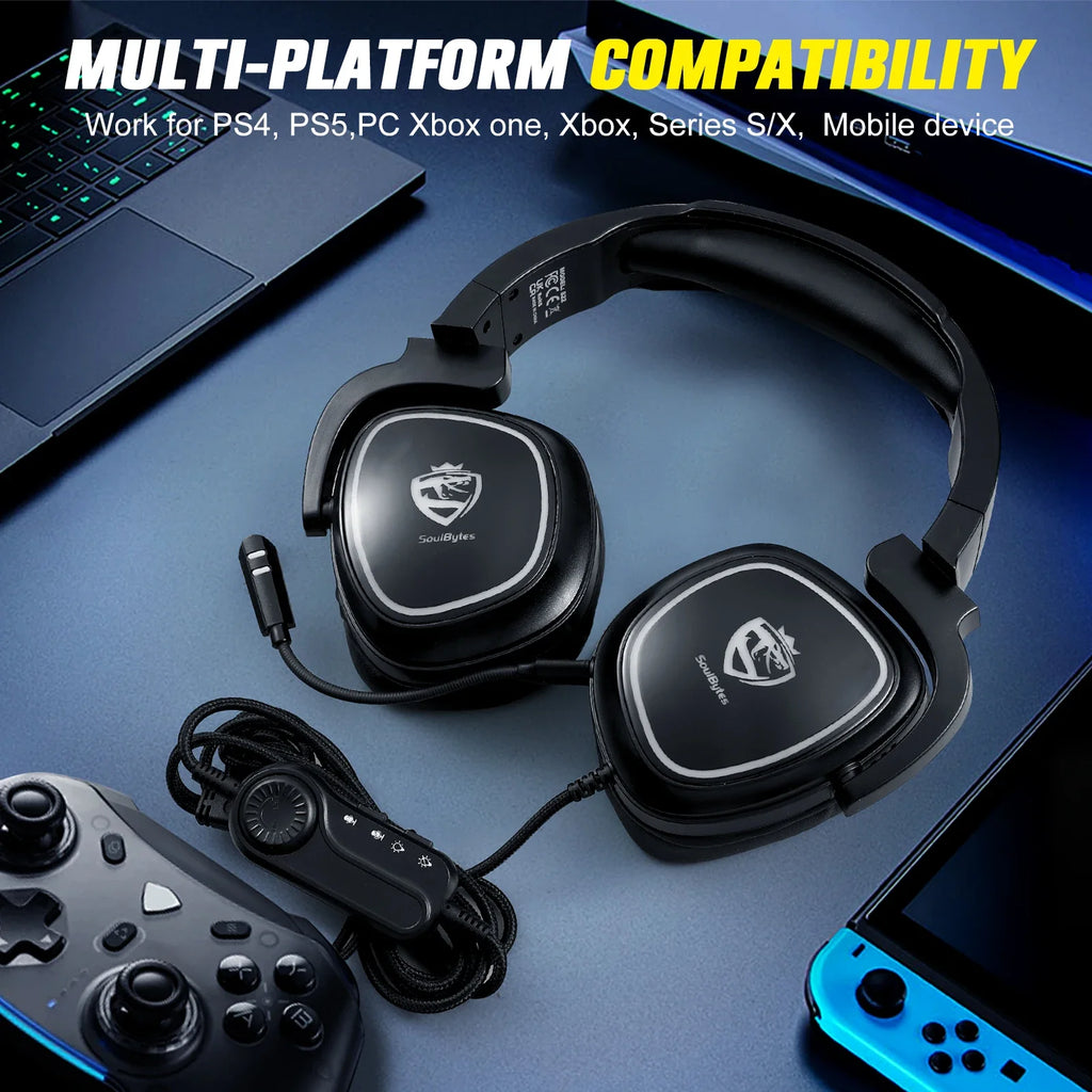 S22 USB On-Ear Gaming Headphones with Noise Canceling RGB Lighting 170cm Cord for PS4/PS5 Phones Laptops with Mic