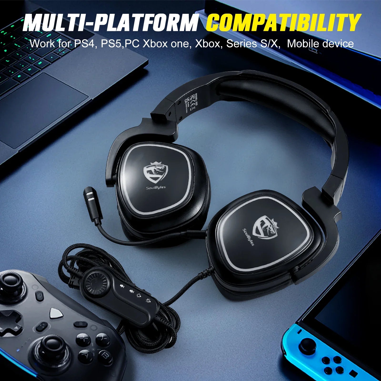 S22 USB On-Ear Gaming Headphones with Noise Canceling RGB Lighting 170cm Cord for PS4/PS5 Phones Laptops with Mic