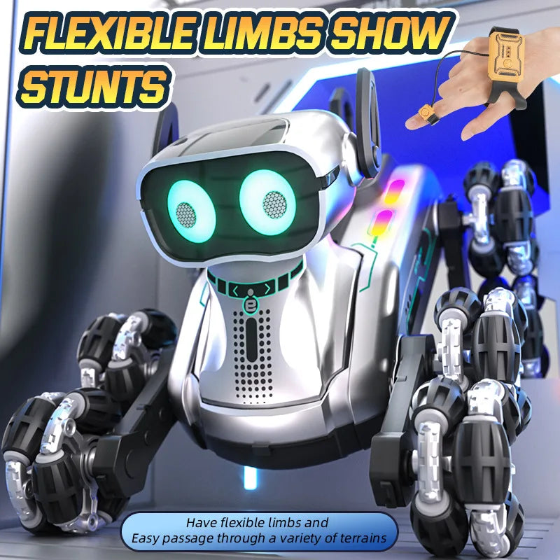 KOUYIKOU RC TOY Eight-Wheel Stunt Robot Dog Remote Control and Remote Control Watch Intelligent Educational Robot Dog for Kids