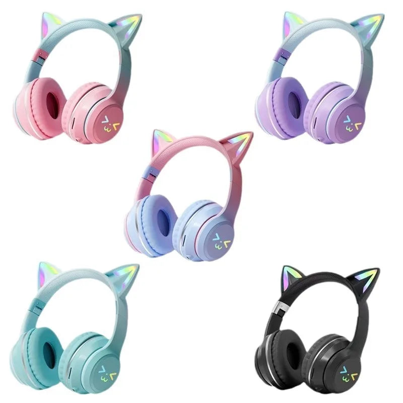RGB Cat Ear Headphones  5.4 Wireless Gradient Color Gaming Headset with Mic for PC PS5 Switch
