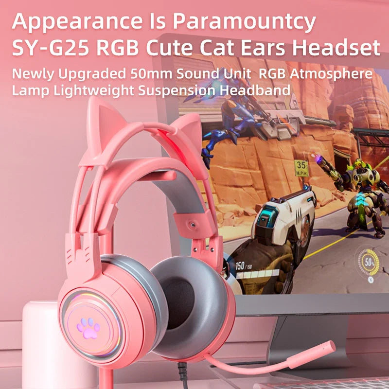 Soyto G25 ODM Gaming Headset for Gamers Cute Cat Ear RGB Wired Headphones for Girls Boys Auriculares AudIfonos Factory Wholesale
