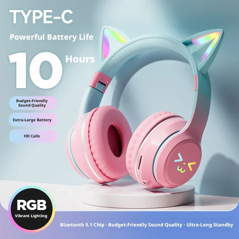 RGB Cat Ear Headphones  5.4 Wireless Gradient Color Gaming Headset with Mic for PC PS5 Switch