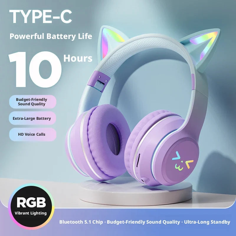 RGB Cat Ear Headphones  5.4 Wireless Gradient Color Gaming Headset with Mic for PC PS5 Switch