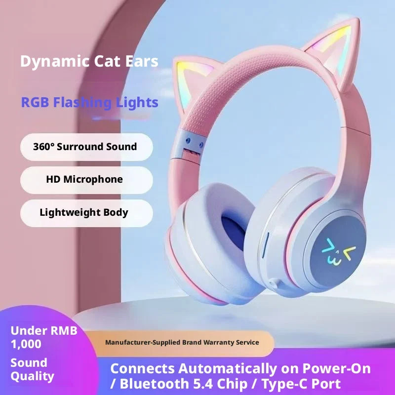 RGB Cat Ear Headphones  5.4 Wireless Gradient Color Gaming Headset with Mic for PC PS5 Switch