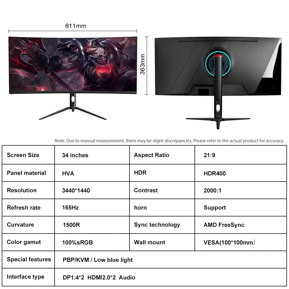 Ergonomic 34" 165Hz Fast Wide Gaming Monitor 100% SRGB Height Adjustable Stand Factory Low Price Wholesale 4K Display
