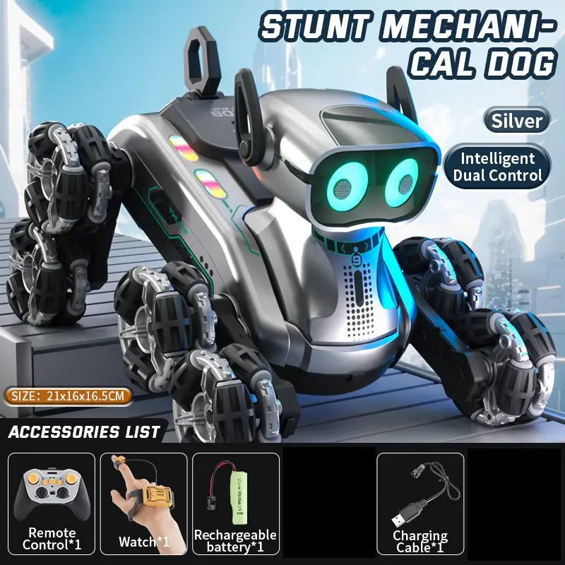 KOUYIKOU RC TOY Eight-Wheel Stunt Robot Dog Remote Control and Remote Control Watch Intelligent Educational Robot Dog for Kids