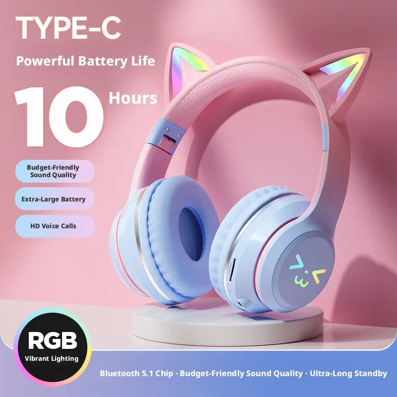 RGB Cat Ear Headphones  5.4 Wireless Gradient Color Gaming Headset with Mic for PC PS5 Switch