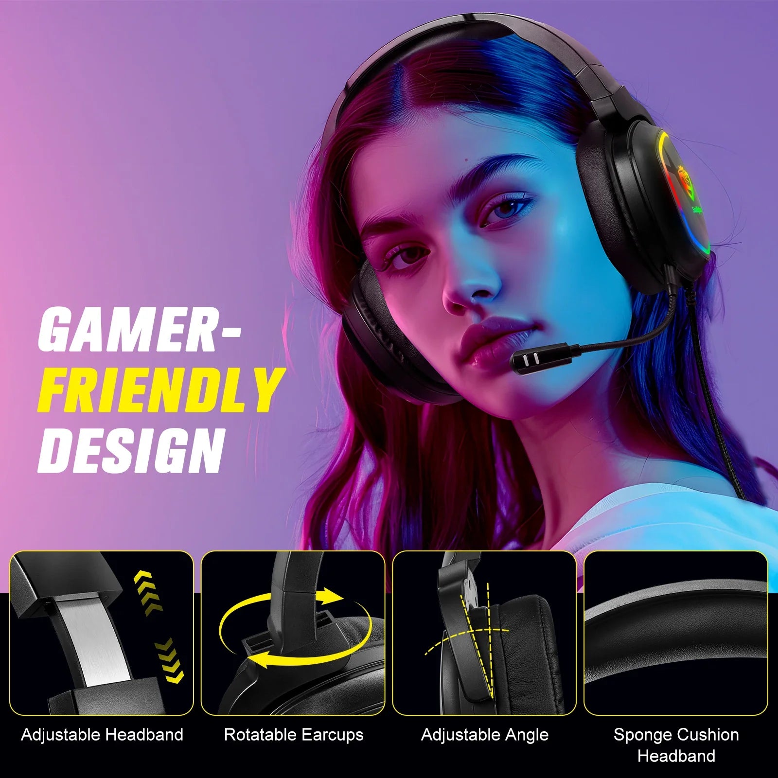 S22 USB On-Ear Gaming Headphones with Noise Canceling RGB Lighting 170cm Cord for PS4/PS5 Phones Laptops with Mic