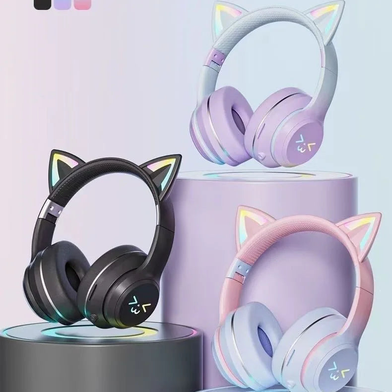 RGB Cat Ear Headphones  5.4 Wireless Gradient Color Gaming Headset with Mic for PC PS5 Switch