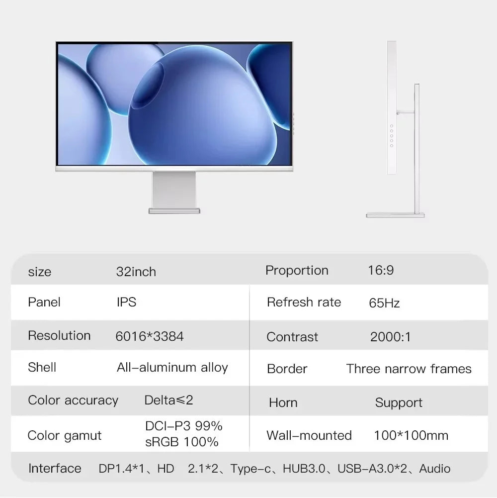 New 32Inch All Aluminum Alloy Exterior Design 6K HDR600 LED IPS Panel Monitor with KVM for Office Design and Gaming