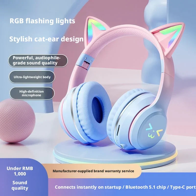RGB Cat Ear Headphones  5.4 Wireless Gradient Color Gaming Headset with Mic for PC PS5 Switch